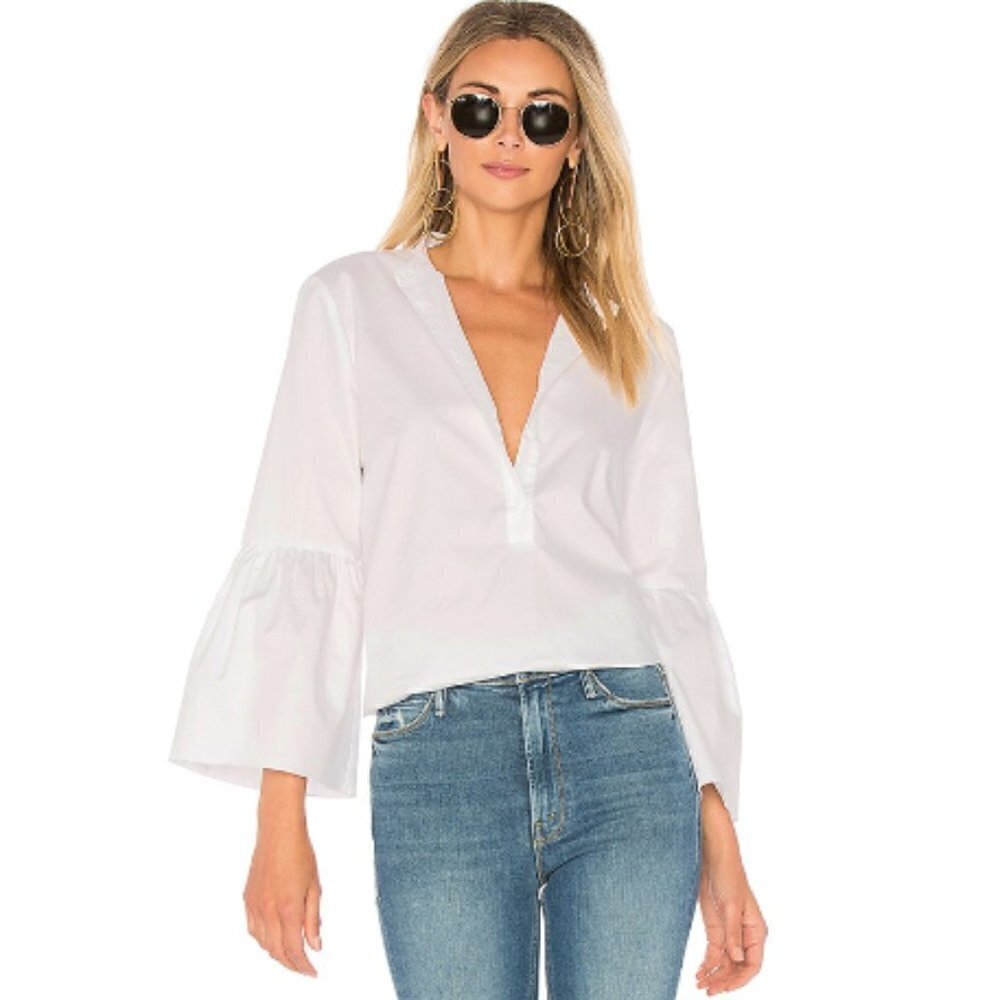 TIBI Tunic With Shirred Back & Bell Sleeve In White, Size 2